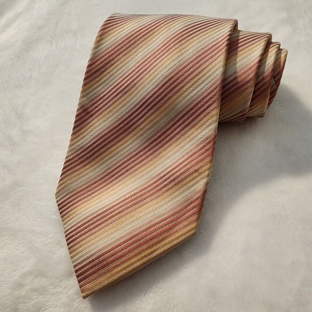 Alfani 100% Silk Neck Tie Earthtone Fall Colors Stripes Orange Salmon Cream